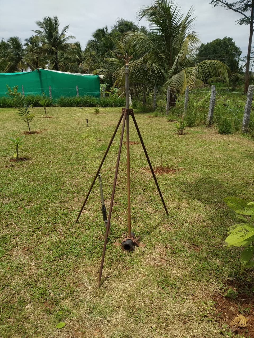 Rain gun mounted on a tripod stand in a young orchard