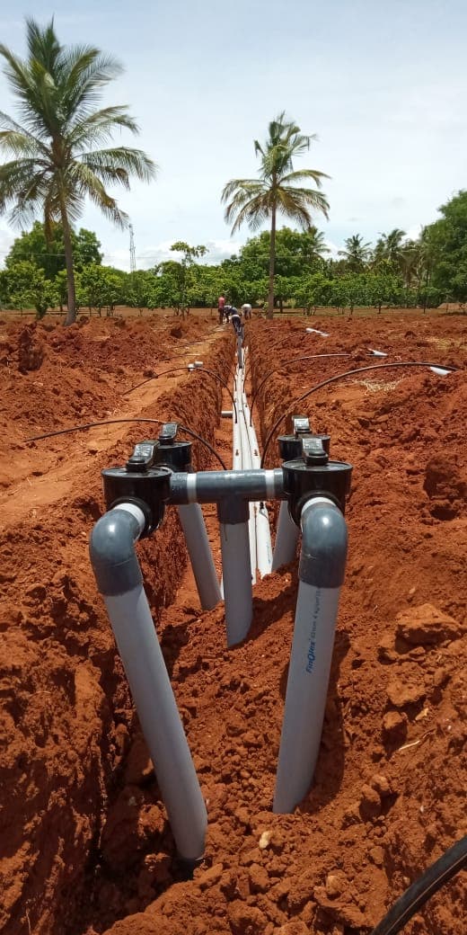 Drip sub-main valve manifold assembled in a trench through a coconut orchard
